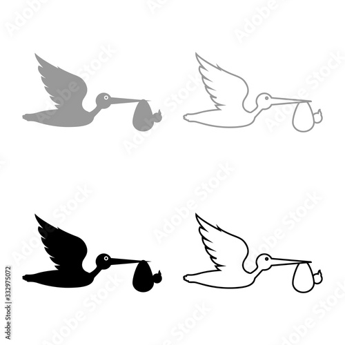 Stork carries baby in bag Flying bird with kind in beak bundle icon outline set black grey color vector illustration flat style image
