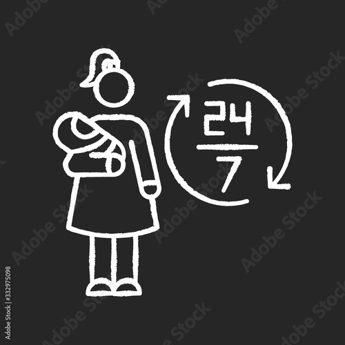Full time babysitter chalk white icon on black background. 24 7 looking after newborn kid. Babysitting services during full day. Around clock help with kid. Isolated vector chalkboard illustration