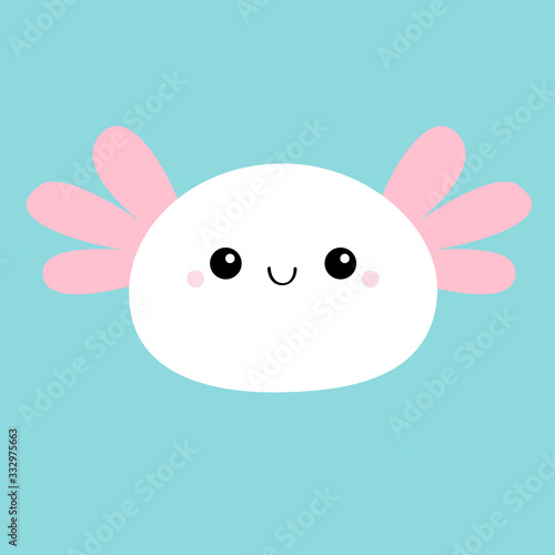 Axolotl face icon. Mexican salamander. White axolotyl. Ambysoma mexicanum. Cute cartoon kawaii funny smiling baby character. Water dragon. Flat design. Blue background. Isolated.