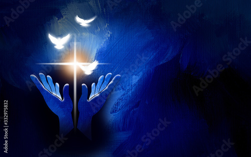 Graphic praise hands Christian cross and spiritual doves background