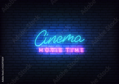 Cinema neon. Glowing letteing Cinema movie time label