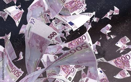 Flying euro banknotes on a outer space starry background. Money flying in the outer space. 500 EURO in color. 3D illustration