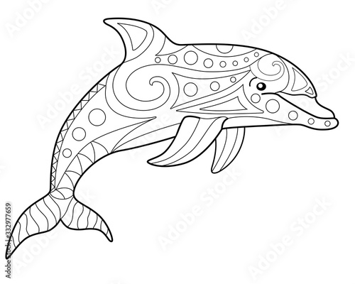 Bottlenose dolphin - antistress coloring book - vector linear picture for coloring. Sea animal - bottlenose dolphin - antistress for marine coloring book. Outline. Hand drawing.