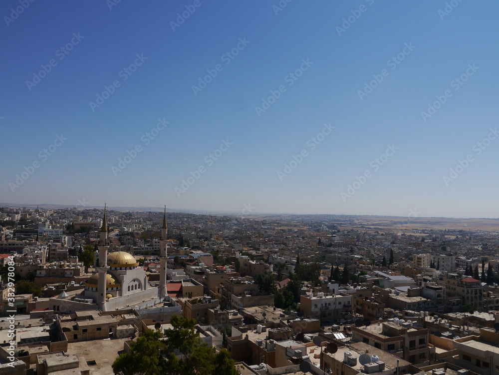 panoramic view on skyline of Madaba with beautil King Hussain Mosque, kingdom Jordan, Middle East