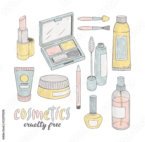 Cosmetics. Hand painted image isolated on a white background. Soft colours.