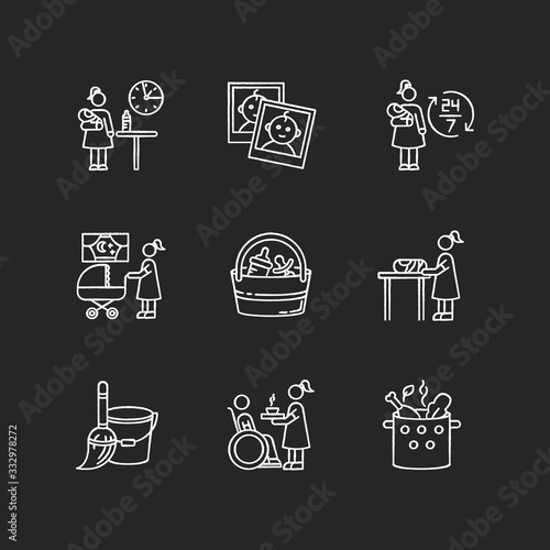 Babysitter service chalk white icons set on black background. Part time job. Around clock babysitting. Photo report of kid. Night time nanny. Household duty. Isolated vector chalkboard illustrations