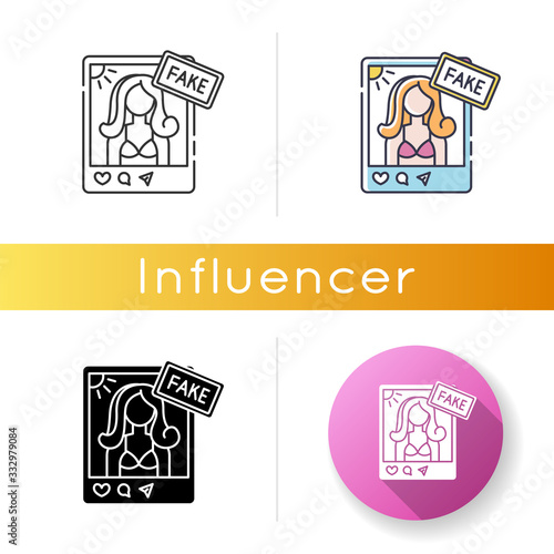 Fake influencer icon. Fraud blogger profile. Mislead with photo in account. Deception with social media page. Female model. Linear black and RGB color styles. Isolated vector illustrations