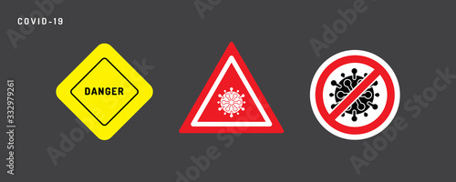 Signs warning of danger and indicating an outbreak of a coronavirus pandemic