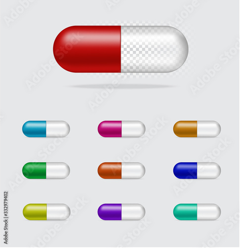 Mock up Realistic Transparent Pill Medicine Capsule Panel on White Background Vector Illustration. pharmaceutical, Medical and Health Care Concept.