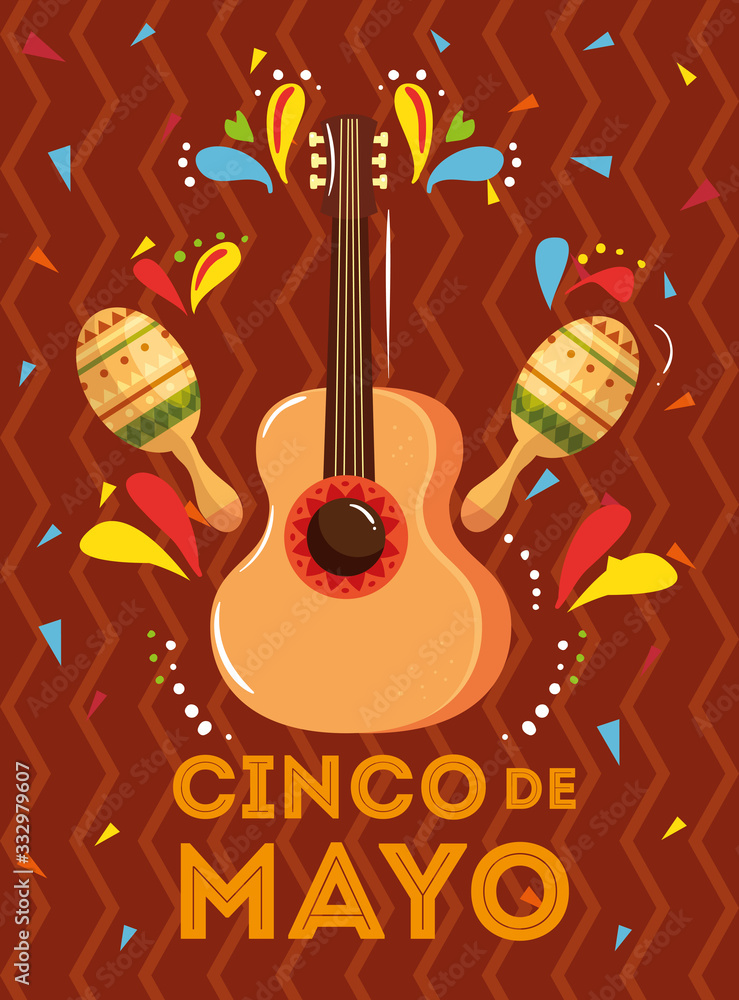 Fototapeta cinco de mayo poster with guitar and decoration vector illustration design