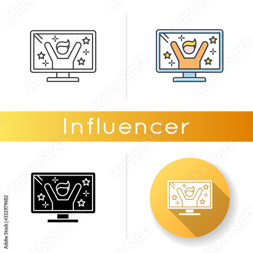 Reality TV star icon. Television program with host. Fun entertainment. Watch TV series on display. Male show presenter. Linear black and RGB color styles. Isolated vector illustrations