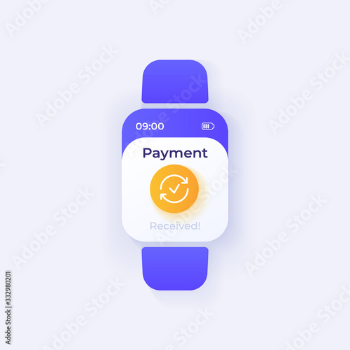 Payment received smartwatch interface vector template. Mobile app notification day mode design. Money transfer message screen. Flat UI for application. Financial operation info smart watch display