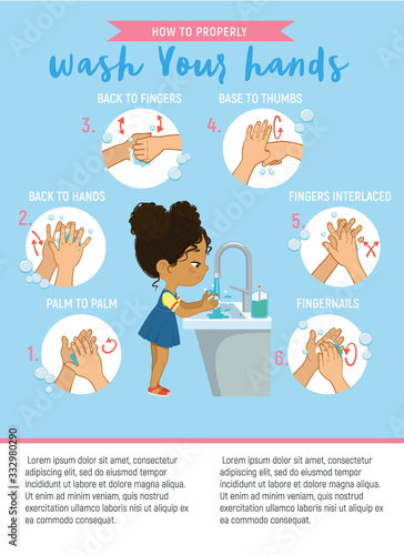 How to wash your hands Step Info Graphic. Illustration of a african american girl washing her hands on a white background. Step Poster illustration.