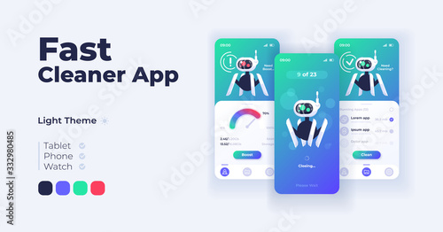Fast cleaner app cartoon smartphone interface vector templates set. Mobile app screen page day mode design. Storage capacity and productivity management UI for application. Phone display