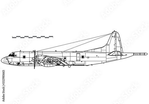 Lockheed P-3 Orion. Vector drawing of maritime patrol aircraft. Side view. Image for illustration and infographics. photo