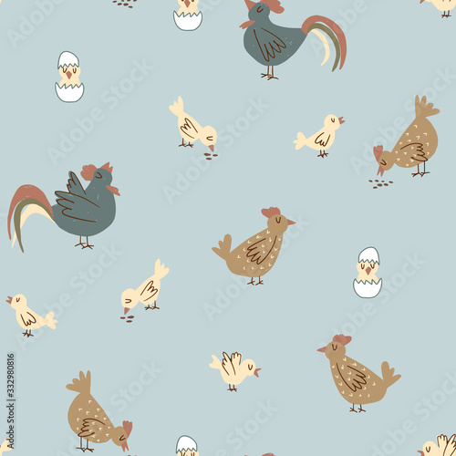 Chicken vector seamless pattern.  Cute farm pattern for kids on blue background. Cartoon chicken, hen, chick, egg, rooster for wrapping paper, fabric, textile, wallpaper, home decor