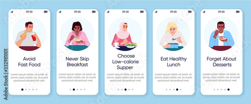 Healthy nutrition plan onboarding mobile app screen vector template. Balanced diet advices and tips walkthrough website steps with flat characters. Food consumption smartphone cartoon UX, UI, GUI