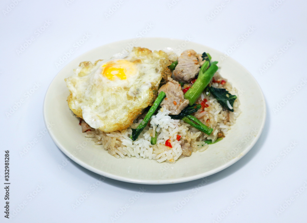 Stir Fried Kale with Rice and Fried Eggs on White Background, Thai Food