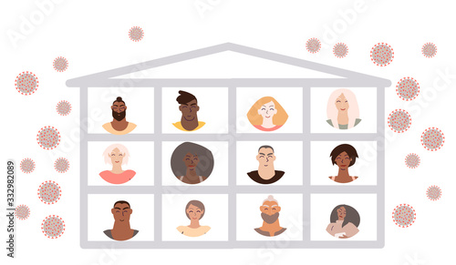 Various people staying at home for quarantine with the virus outside. Vector art in minimal flat style.