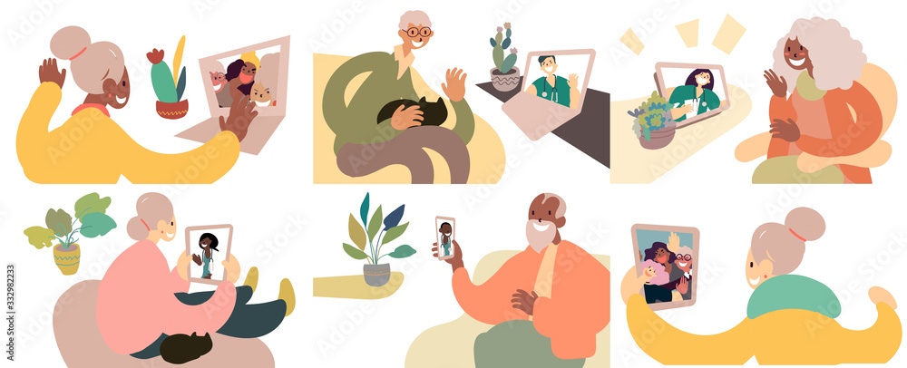 Elderly people getting medical consultation or talking with friends via video call while at home. Flat vector illustration set.