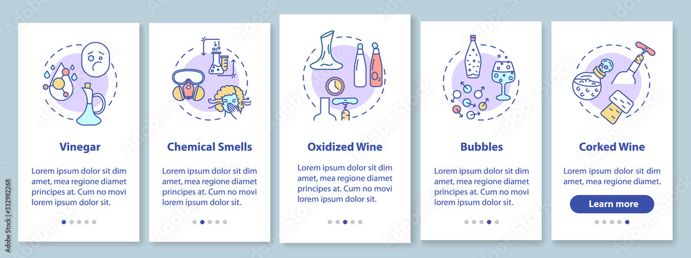 Wine tasting onboarding mobile app page screen with concepts. Determine bad quality alcohol walkthrough 5 steps graphic instructions. UI vector template with RGB color illustrations