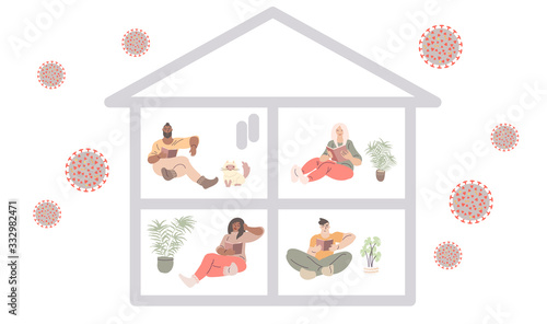 Various people staying at home for quarantine with the virus outside. Vector art in minimal flat style.