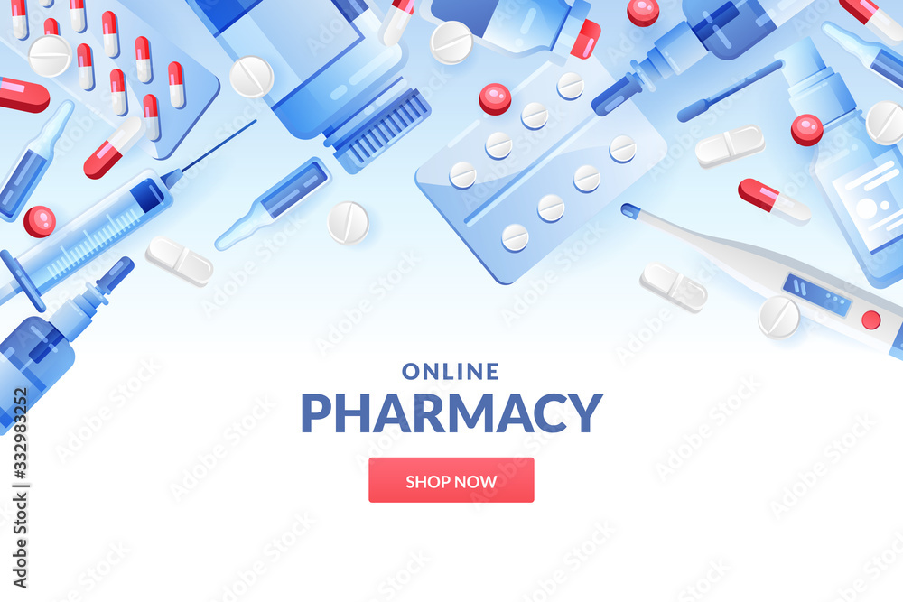 Medicine, pharmacy background. Drugstore banner design template with