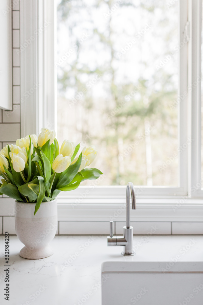 Vase of Yellow Tulips in White Contemporary Kitchen Vase of Yellow Tulips in White Contemporary Kitchen
