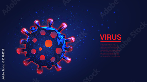 Concept of biomedical research, the search for treatment option or hazard warning. Virus from triangles and luminous points. Background of beautiful dark blue night sky. Macro. Low poly.