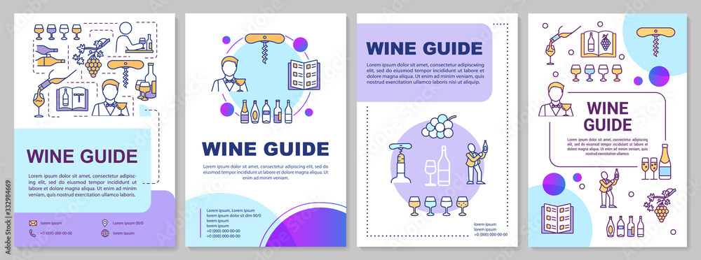 Wine guide brochure template. Beverage restaurant list. Flyer, booklet, leaflet print, cover design with linear icons. Vector layouts for magazines, annual reports, advertising posters Wine guide brochure template. Beverage restaurant list. Flyer, booklet, leaflet print, cover design with linear icons. Vector layouts for magazines, annual reports, advertising posters