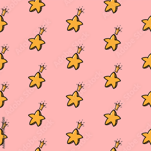 Stars are yellow, volumetric seamless patterns. Heavenly life vector wrapping paper. Illustration of a child's drawing. Star world textile ornament © Dilara