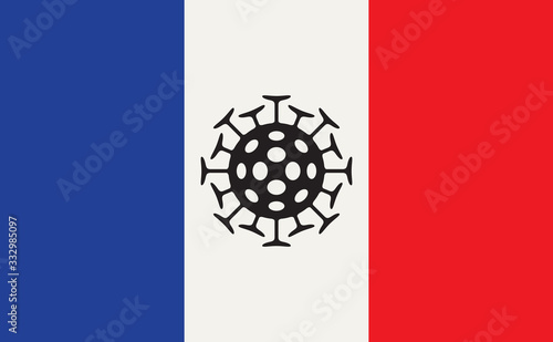 Vector illustration of the French flag with a Covid-19 virus cell. Banner on the topic of coronavirus infection and the epidemic in France. Novel 2019-ncov outbreak. A global pandemic