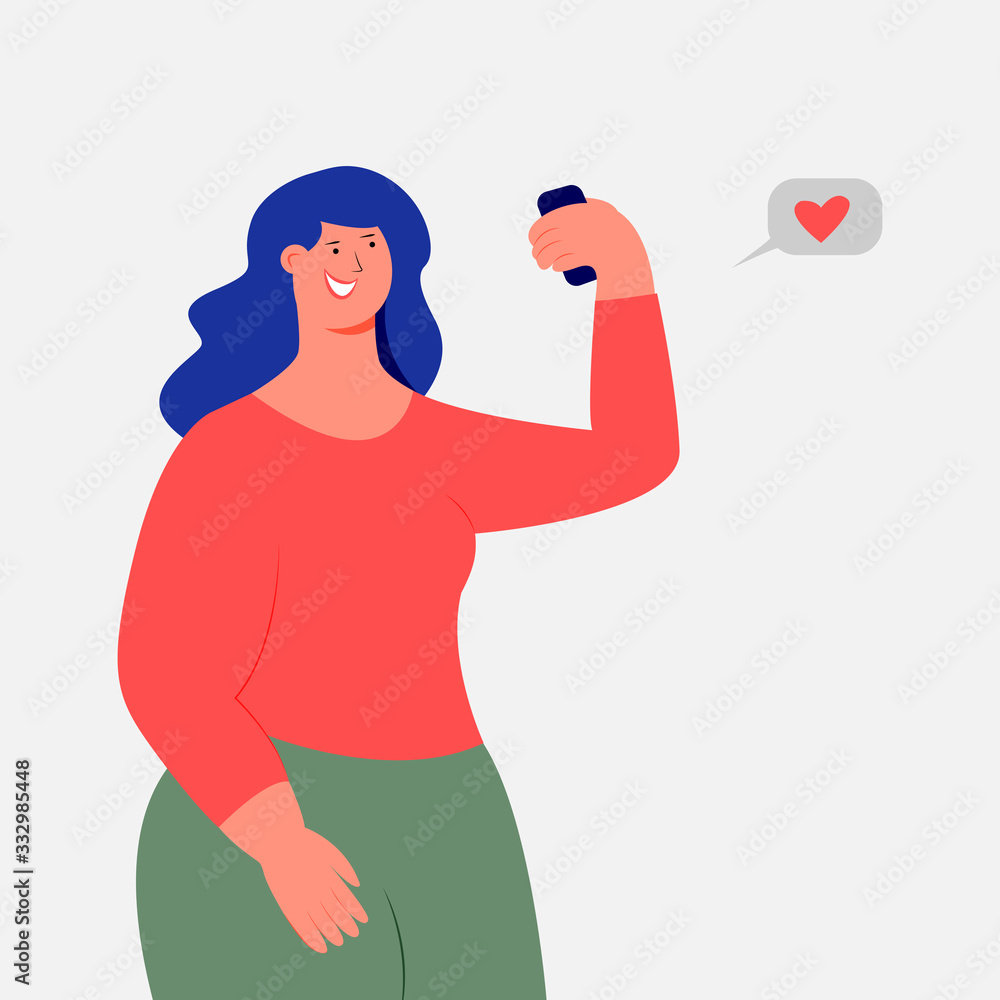 A girl photographs herself on the phone. Selfie Photo for social network. Vector. Flat cartoon style. Isolated on a white background.