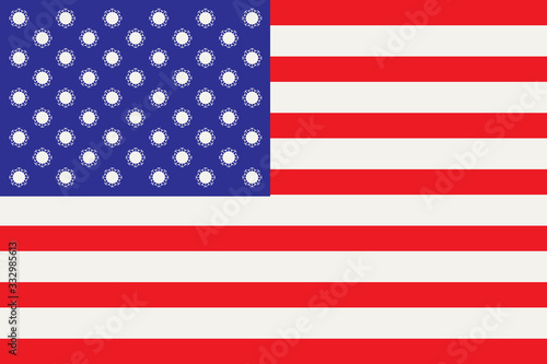 Vector illustration of the USA flag with a Covid-19 virus cells instead of stars. Banner on the theme of coronavirus infection and the epidemic in America. A global pandemic