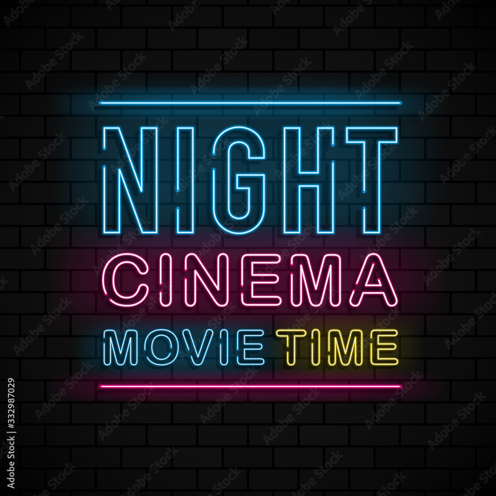 Night Cinema neon sign, bright signboard, light banner on black brick background. Vector Night Cinema neon sign, bright signboard, light banner on black brick background. Vector