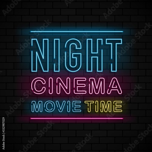 Night Cinema neon sign  bright signboard  light banner on black brick background. Vector