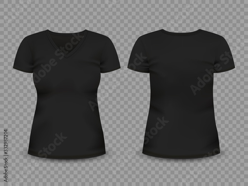Black V-neck woman's t-shirt. Vector template.