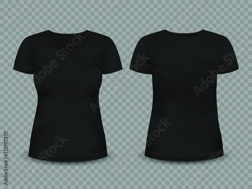 Black V-neck woman's t-shirt. Vector template.