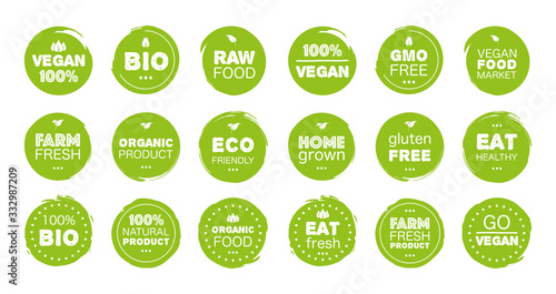 Mega collection fresh healthy organic vegan food eat logo labels and tags the different design and green color. Vector hand drawn objects