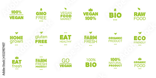 Mega set fresh healthy organic vegan food set grunge logo labels and tags the different design and green color. Vector hand drawn objects