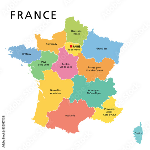 France, political map with multicolored regions of Metropolitan France. French Republic, capital Paris, administrative regions and prefectures on the mainland of Europe. English. Illustration. Vector.