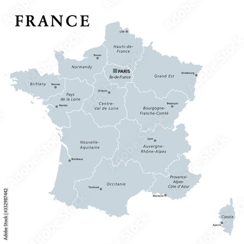 France  gray political map. Regions of Metropolitan France. French Republic  capital Paris  administrative regions and prefectures on the mainland of Europe. English. Illustration over white. Vector.