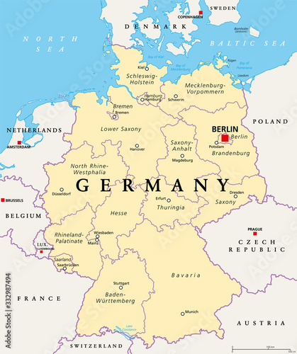 Germany  political map. States of the Federal Republic of Germany with capital Berlin and 16 partly-sovereign states. Country in Central and Western Europe. English labeling. Illustration. Vector.