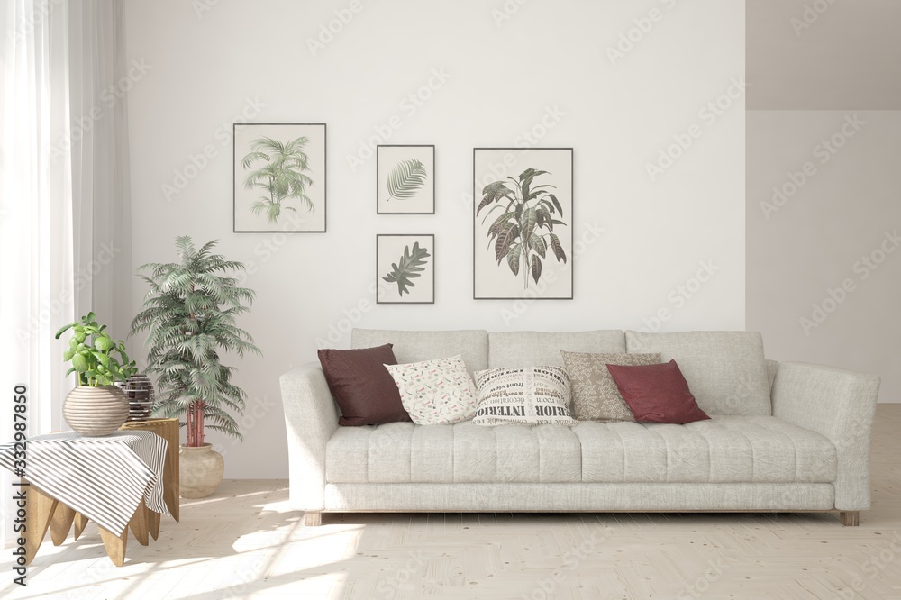 Fototapeta premium White living room with sofa. Scandinavian interior design. 3D illustration