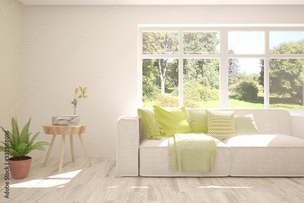 White living room with sofa and summer landscape in window. Scandinavian interior design. 3D illustration White living room with sofa and summer landscape in window. Scandinavian interior design. 3D illustration