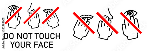 Set of do not touch your face icon. Simple black white drawing with hand touching mouth, nose, eye crossed by red line. Can be used during coronavirus covid-19 outbreak prevention