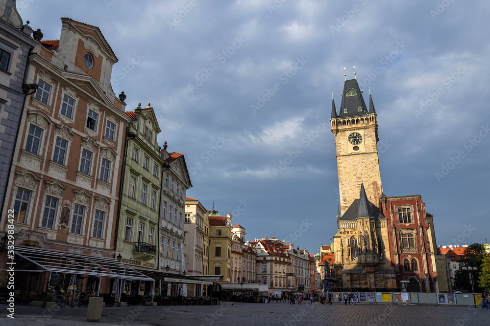 Empty Old Town Square with Old Town Tower and Hall remains, UNESCO World Heritage Site in Prague, Czech Republic
