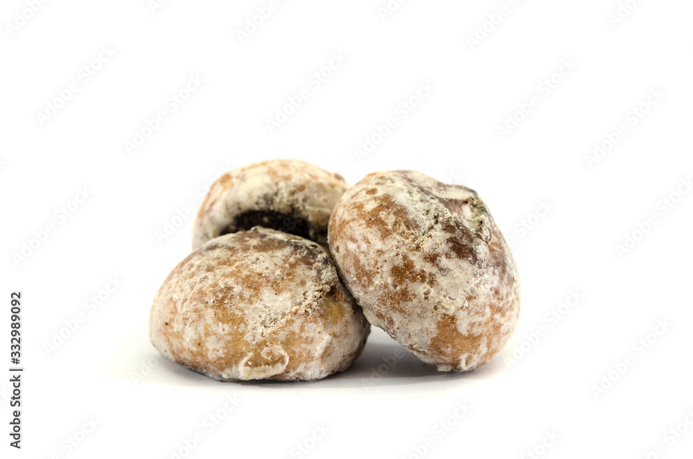 Three delicious cookies in white icing isolated on a white background. Three delicious cookies in white icing isolated on a white background.