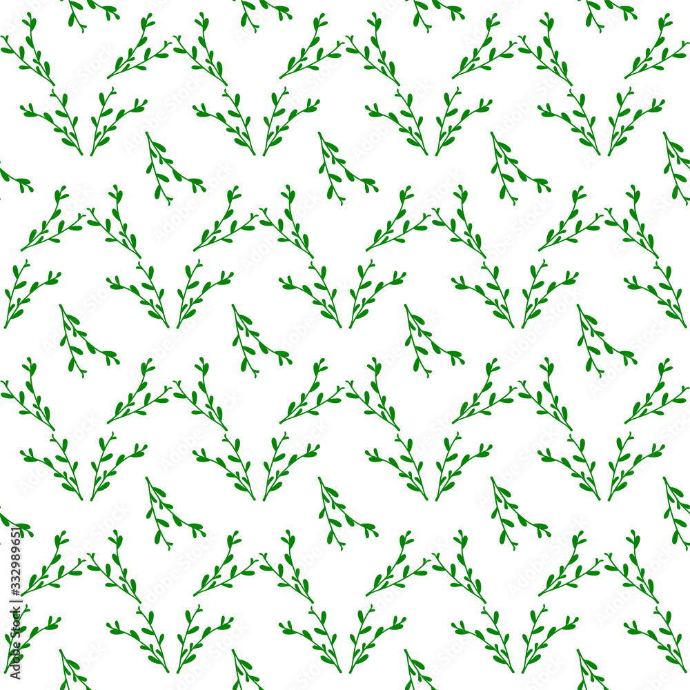 Sprigs hand drawn vector seamless pattern. Tropical, exotic pattern of plants. Scandinavian style background. Green leaves, branches stylish background. Botanical wrapping paper, textile, flat design