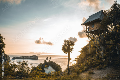 treehouse on tropical island facing coastline with sunrise